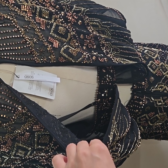 ASOS Black Gold Beaded Cape Top & Mini Skirt Set Embellished NWT Size 8 Boho - Picture 7 of 13